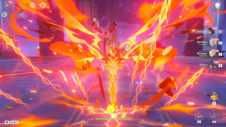 La primera vez que lanzas la habilidad elemental de Dehya, ella creará un aura/campo.  Si lo vuelves a lanzar, realizará un ataque en picado que refresca la duración del aura.
