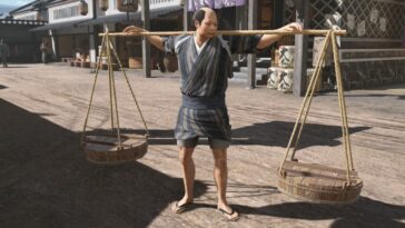 Primer plano del comerciante de fertilizantes Like A Dragon Ishin