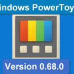 Una pantalla azul con un icono de tecnología de color arcoíris.  El texto dice Windows PowerToys versión 0.68.0.