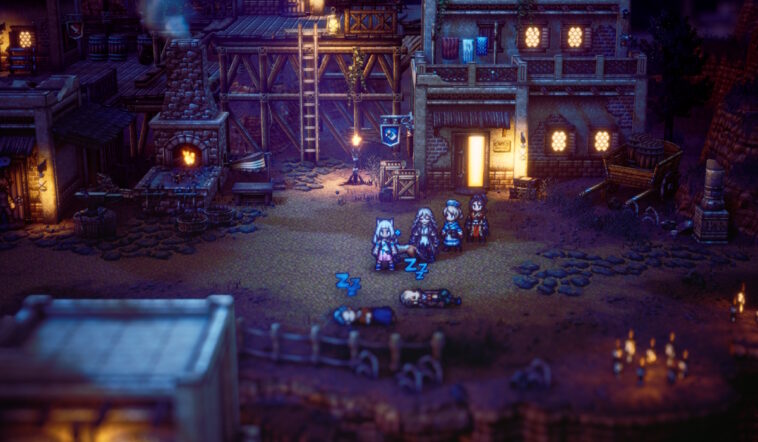 Alcanzando las estrellas Octopath Traveler 2 Knock Out Villager at Night.