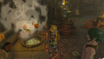 Risotto de vegetales duros Totk cocinando en Lookout Landing