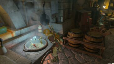 Totk copiosas verduras silvestres fritas cocinando en Lookout Landing