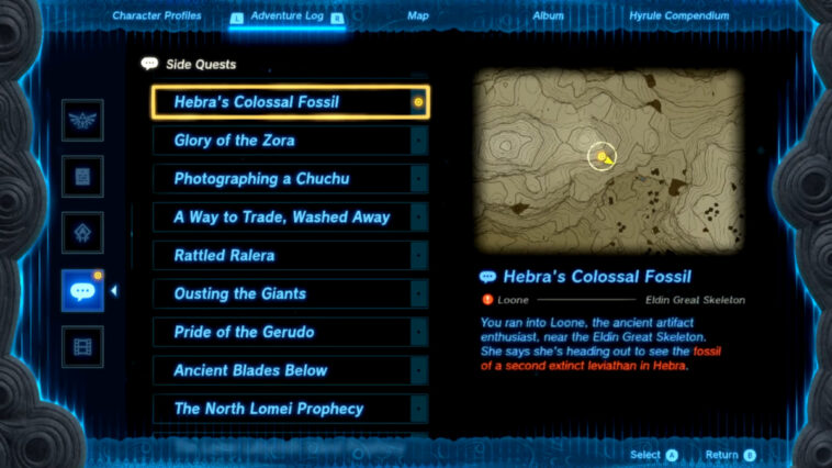 Colosal Fossil Side Quest de Hebra Zelda Tears Of The Kingdom (totk)