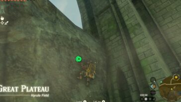 Totk Great Plateau escalando la pared rocosa para llegar al borde norte