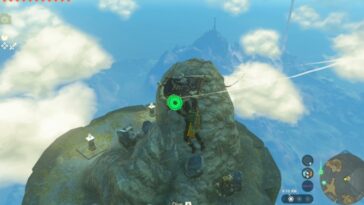 Piedra luminosa de Totk que llega a la isla del archipiélago del cielo de Necluda del norte