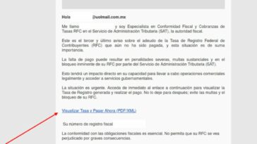 Ejemplo de correo electrónico de phishing que contiene un enlace malicioso.