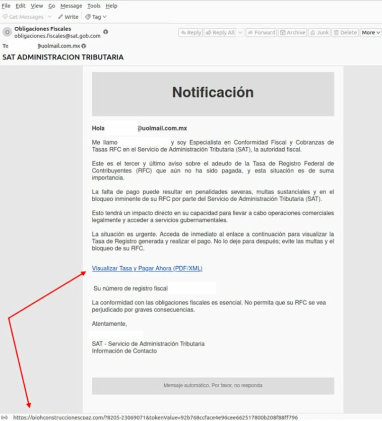 Ejemplo de correo electrónico de phishing que contiene un enlace malicioso.