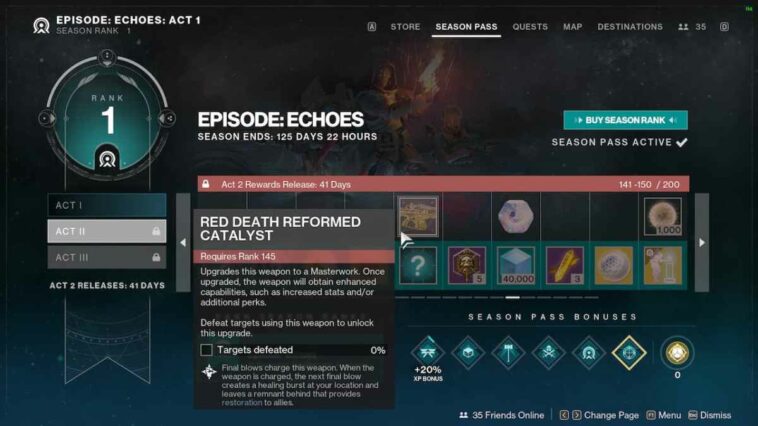 Cómo conseguir el catalizador reformado de la Muerte Roja en el pase de temporada de Destiny 2