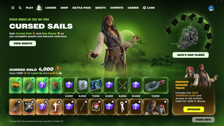 Ruta de recompensas de Cursed Sails en Fortnite, con recompensas inspiradas en Piratas del Caribe