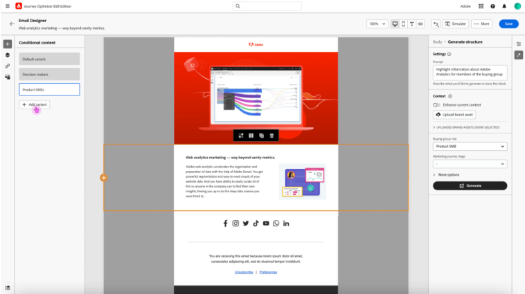 Creador de correo electrónico Adobe Journey Optimizer