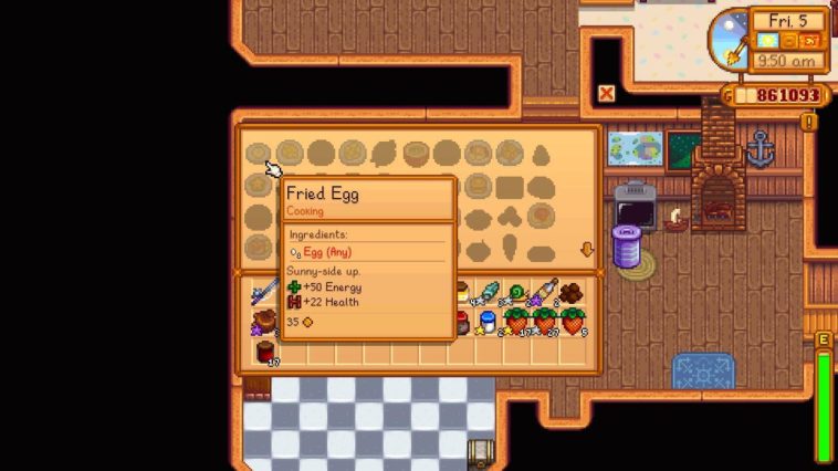 Cada receta en Stardew Valley se muestra en el menú de cocina, pero solo se pueden preparar recetas desbloqueadas.