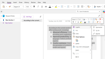 Menú de clic derecho de OneNote