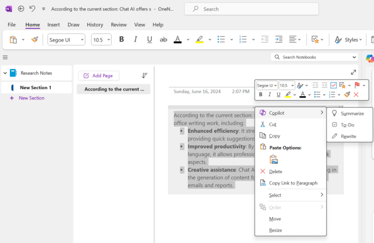 Menú de clic derecho de OneNote