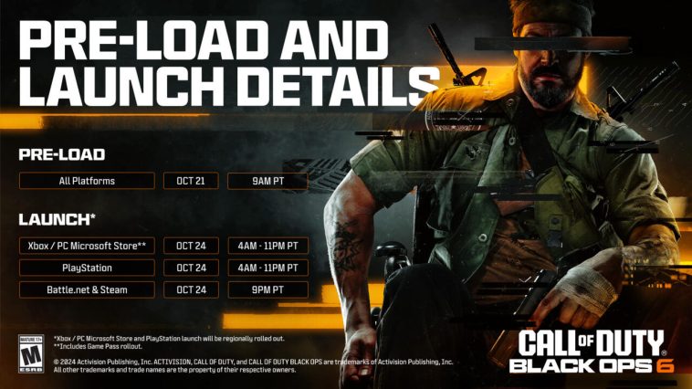 El blog de Call of Duty compartió este gráfico para resaltar la precarga de Black Ops 6 y el tiempo de lanzamiento para varias plataformas.