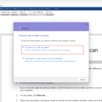 Interfaz de fax y escaneo de Windows que muestra el cuadro de diálogo Configuración de fax con la opción de conectarse a un módem de fax o a un servidor de fax.