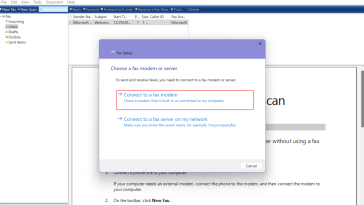 Interfaz de fax y escaneo de Windows que muestra el cuadro de diálogo Configuración de fax con la opción de conectarse a un módem de fax o a un servidor de fax.