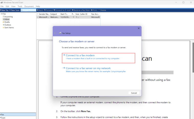 Interfaz de fax y escaneo de Windows que muestra el cuadro de diálogo Configuración de fax con la opción de conectarse a un módem de fax o a un servidor de fax.