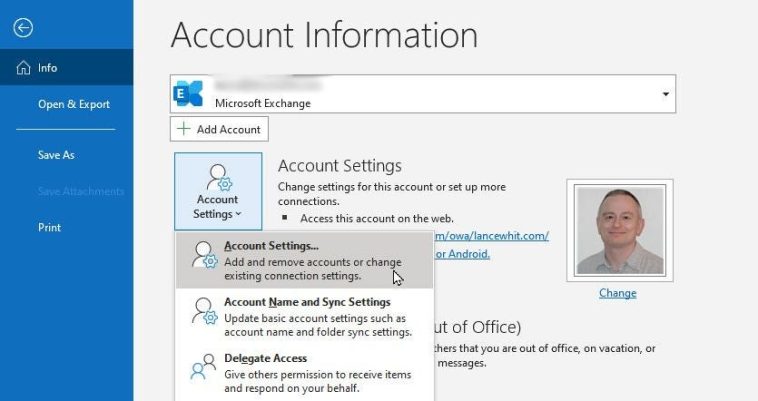 Configuración de la cuenta de Outlook.