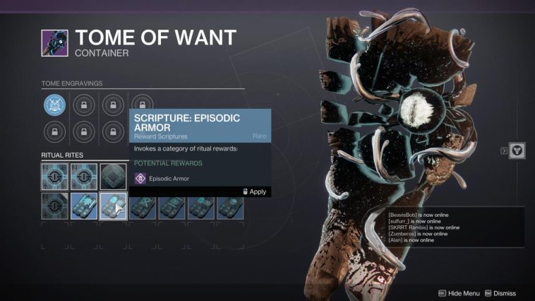 El Tome of Want en Destiny 2 muestra algunas de sus opciones de curación de botín.