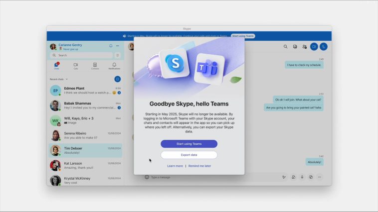 Los usuarios de Skype pronto verán un aviso para mudarse a los equipos de Microsoft.