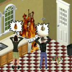 Dos sims gritan mientras un fuego envuelve su estufa.