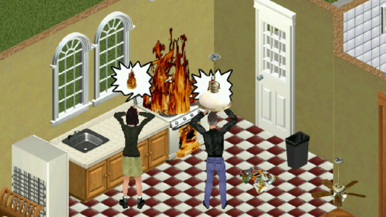 Dos sims gritan mientras un fuego envuelve su estufa.