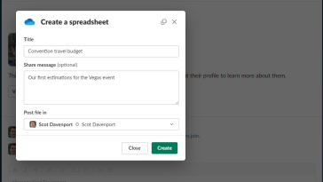 onedrive crea una pantalla de hoja de cálculo en Slack