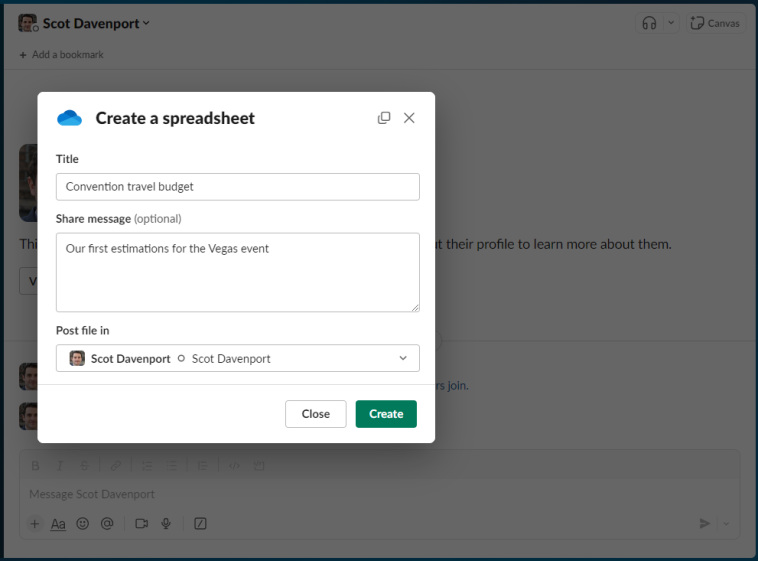 onedrive crea una pantalla de hoja de cálculo en Slack
