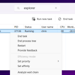 Windows Task Manager Haga clic derecho en el menú para el explorador de archivos