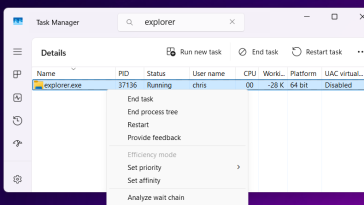 Windows Task Manager Haga clic derecho en el menú para el explorador de archivos