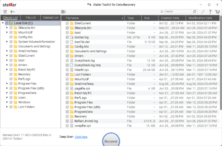 Ventana de recuperación de datos estelar que muestra archivos recuperables