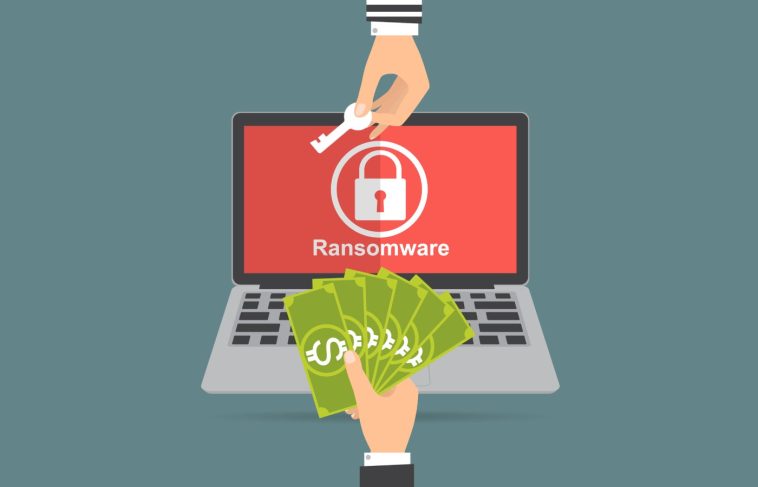 Ilustración de vector plano de una mano que retiene dinero por pagar la llave del hacker para la carpeta de desbloqueo.