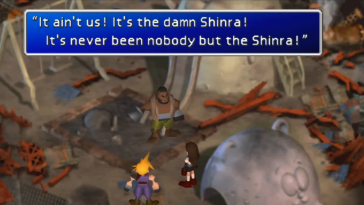 Barrett de Final Fantasy VII llama a Shinra.