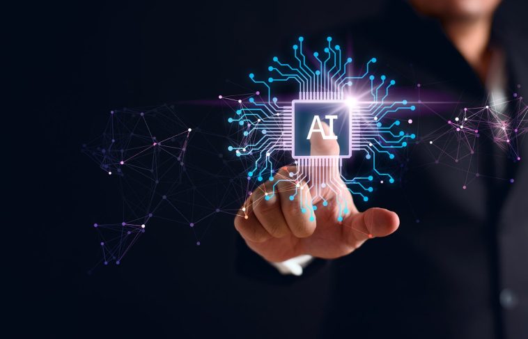 El empresario que interactúa con un chip de IA virtual.