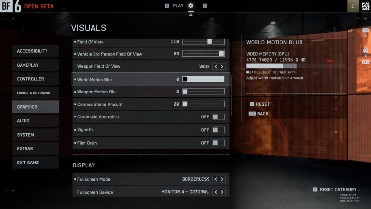 El menú de configuración de gráficos principales en Battlefield 6