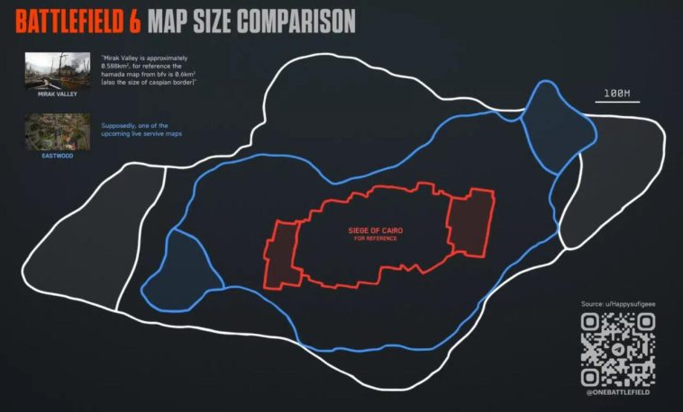 Una comparación de tamaño de los mapas de datos versus asedio de El Cairo, realizado por el usuario de Reddit U/Happysufigeee.