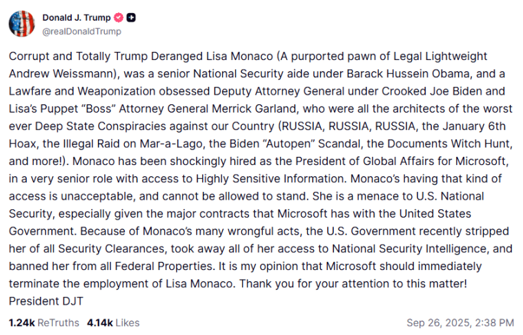 El nuevo objetivo de Trump: Jefa de Asuntos Globales de Microsoft, Lisa Monaco