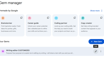 GEM Manager en la aplicación web de Gemini que muestra gemas prefabricadas arriba y gema personalizada con el botón de edición a continuación
