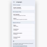 Pantalla de idiomas en la configuración de Android 16, incluidas las preferencias regionales.