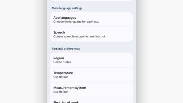 Pantalla de idiomas en la configuración de Android 16, incluidas las preferencias regionales.