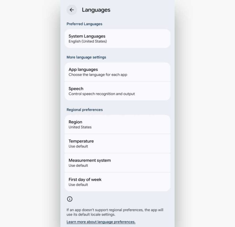 Pantalla de idiomas en la configuración de Android 16, incluidas las preferencias regionales.