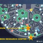 El mapa de arriba muestra las ubicaciones del Centro de Investigación Pokémon y el Emporio de Piedra.