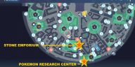 El mapa de arriba muestra las ubicaciones del Centro de Investigación Pokémon y el Emporio de Piedra.
