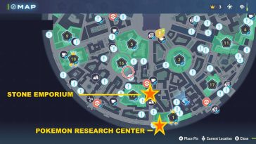 El mapa de arriba muestra las ubicaciones del Centro de Investigación Pokémon y el Emporio de Piedra.