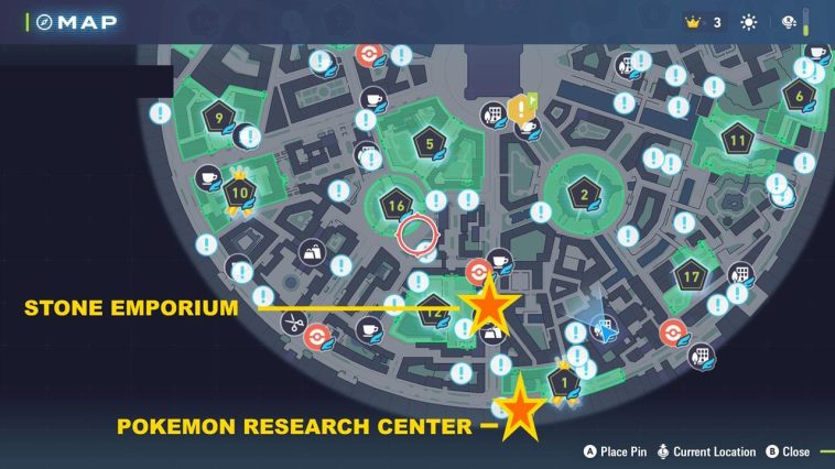 El mapa de arriba muestra las ubicaciones del Centro de Investigación Pokémon y el Emporio de Piedra.