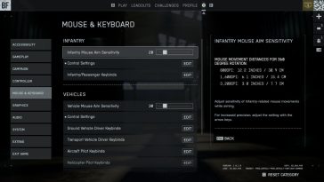 El menú de configuración del mouse y el teclado en Battlefield 6