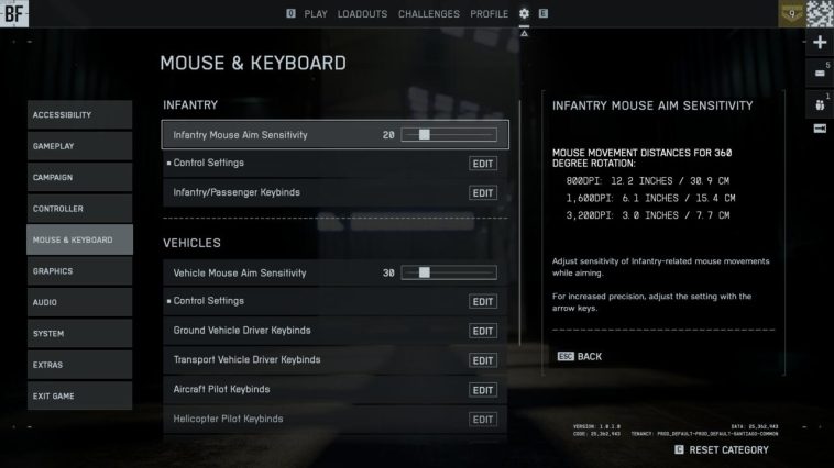 El menú de configuración del mouse y el teclado en Battlefield 6