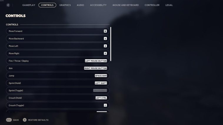 El menú de combinaciones de teclas en Arc Raiders