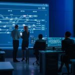 Sala de control y monitoreo de sistemas de empresas de telecomunicaciones con equipo multicultural diverso de profesionales que trabajan en computadoras. Pantalla grande que muestra infografías de infraestructura. Vista posterior