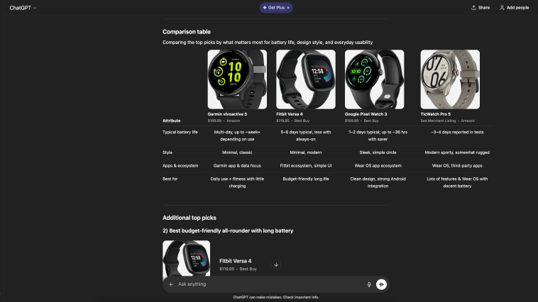 Una captura de pantalla de los resultados de la investigación de compras de ChatGPT